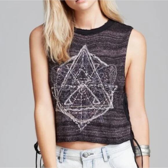 Free People Tops - Free People Black Sleeveless Zodiac Embroidered Lace-Up Sides Cropped Top Large
